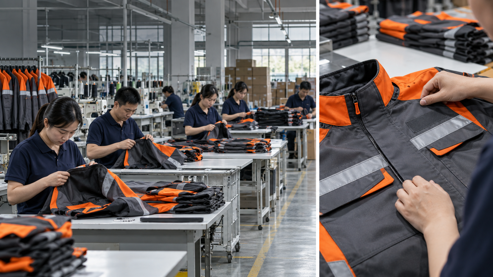 Asian garment workers producing custom workwear in a Shenzhen factory